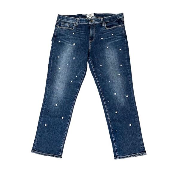 Paige Brigitte Pearl and Stud Embellished Ankle Cropped Jeans Size 32 Bling - Picture 3 of 15